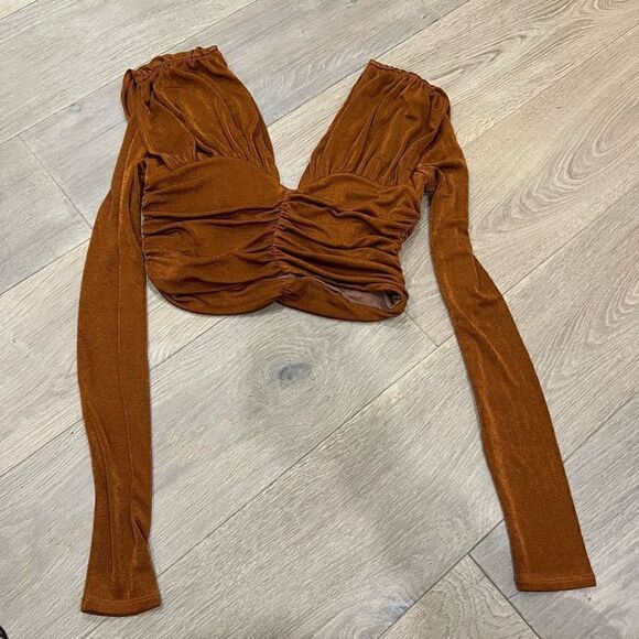 House of Harlow 1960 Women's Brown Ruched V-Neck Long Sleeve Crop Top Small - Picture 1 of 4